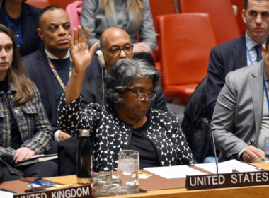 السفيرة الأميركية لدى مجلس الأمن ليندا توماس غرينفيلد لدى تصويتها بالفيتو على وقف لإطلاق النار في غزة، في مجلس الأمن في 20 فبراير 2024